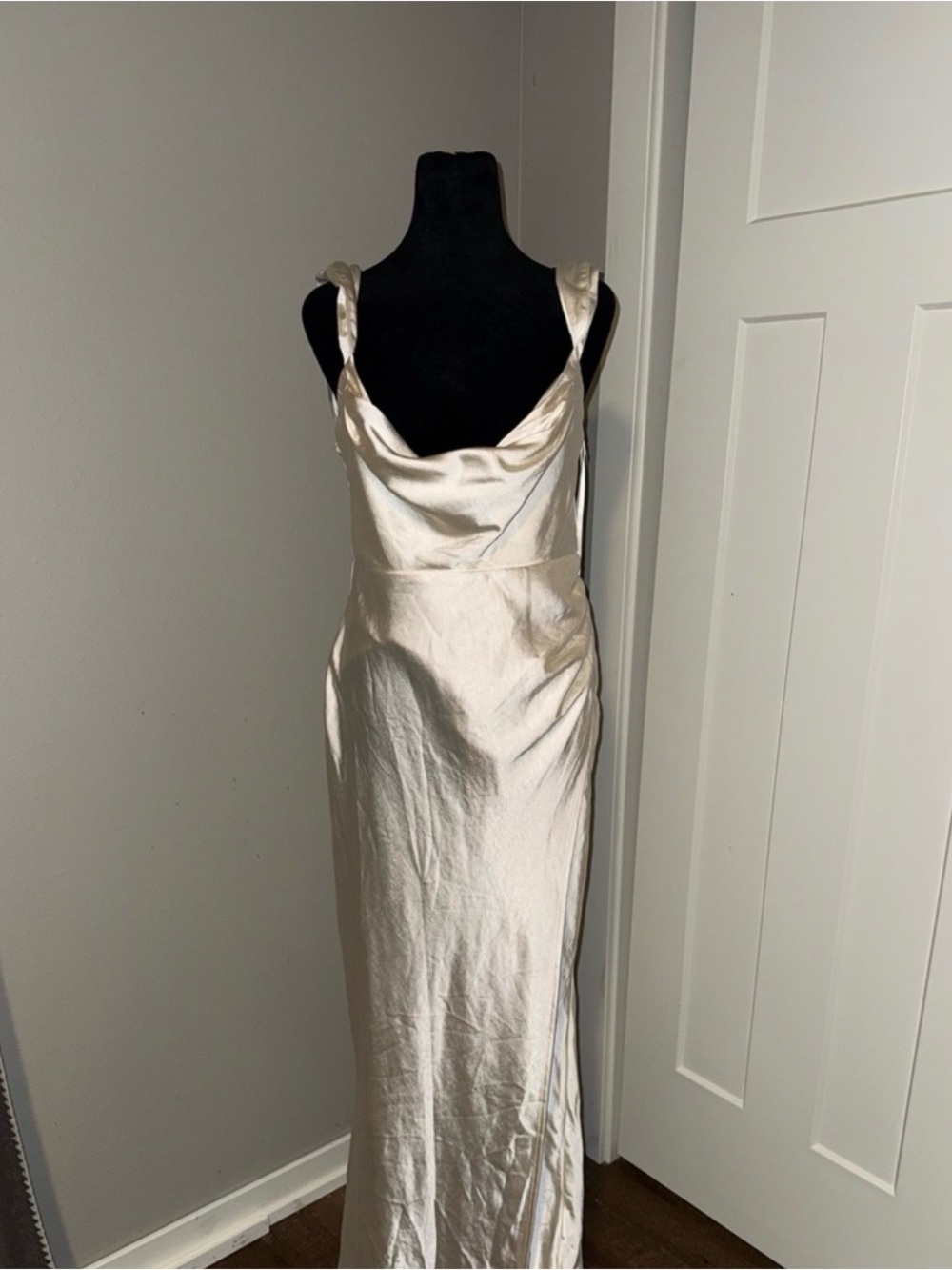 Women's Cream Satin Cowl Neck Maxi Dress with Side Slit - Picture 2 of 4
